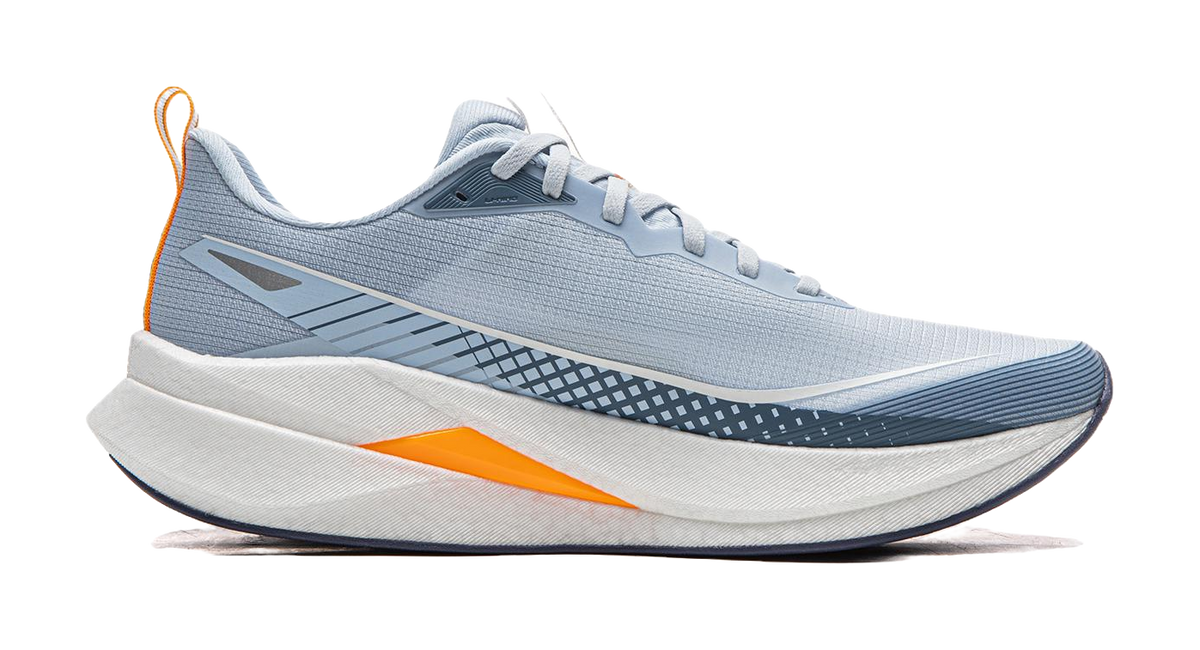 Light blue running shoe side view with orange midsole and navy outsole