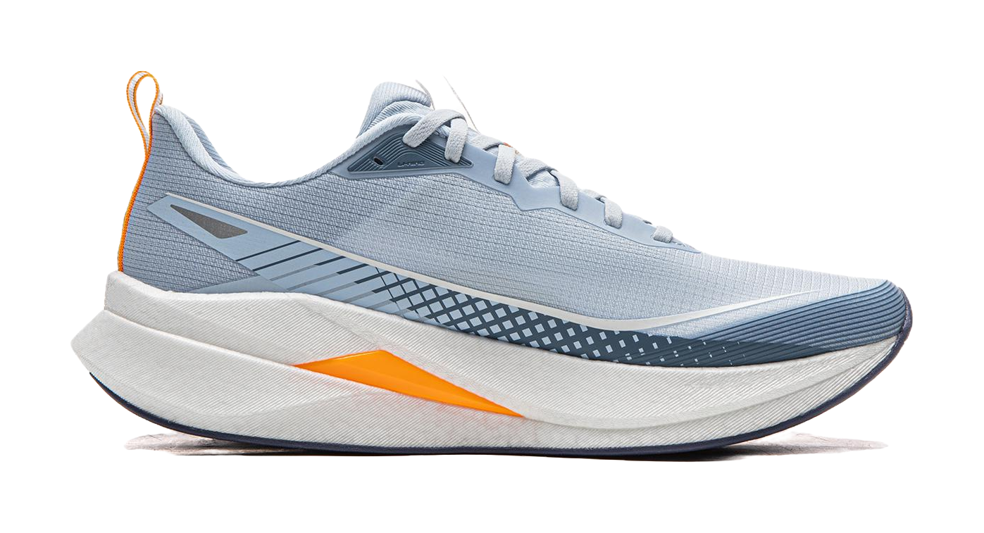 Light blue running shoe side view with orange midsole and navy outsole