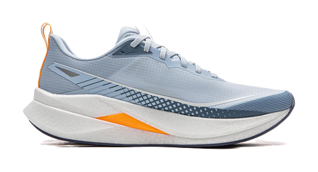 Light blue running shoe side view with orange midsole and navy outsole