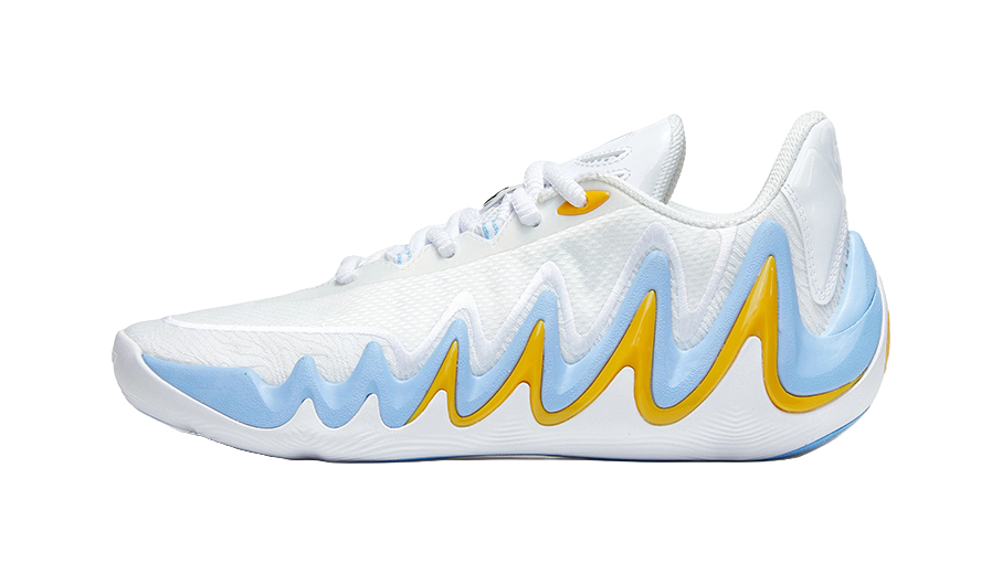 Men's low-top basketball shoes, white with blue and yellow wave accents