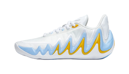 Men's low-top basketball shoes, white with blue and yellow wave accents