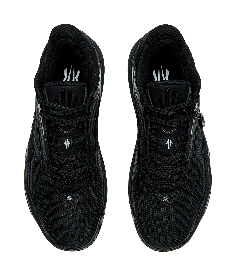 Pair of black basketball shoes with lace-up closure and logo on padded tongue