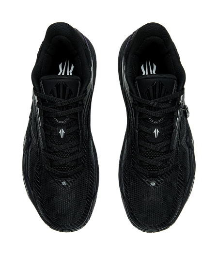 Pair of black basketball shoes with lace-up closure and logo on padded tongue