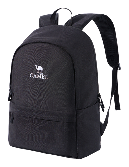CAMEL 18L outdoor backpack in Phantom Black, front logo, zip pocket, adjustable straps