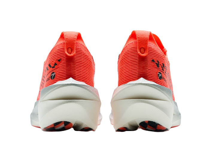 Pair of women’s marathon racing shoes, orange heels with light foam and treaded outsole.