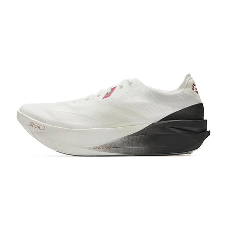 Marathon racing shoe with white mesh upper and black heel counter