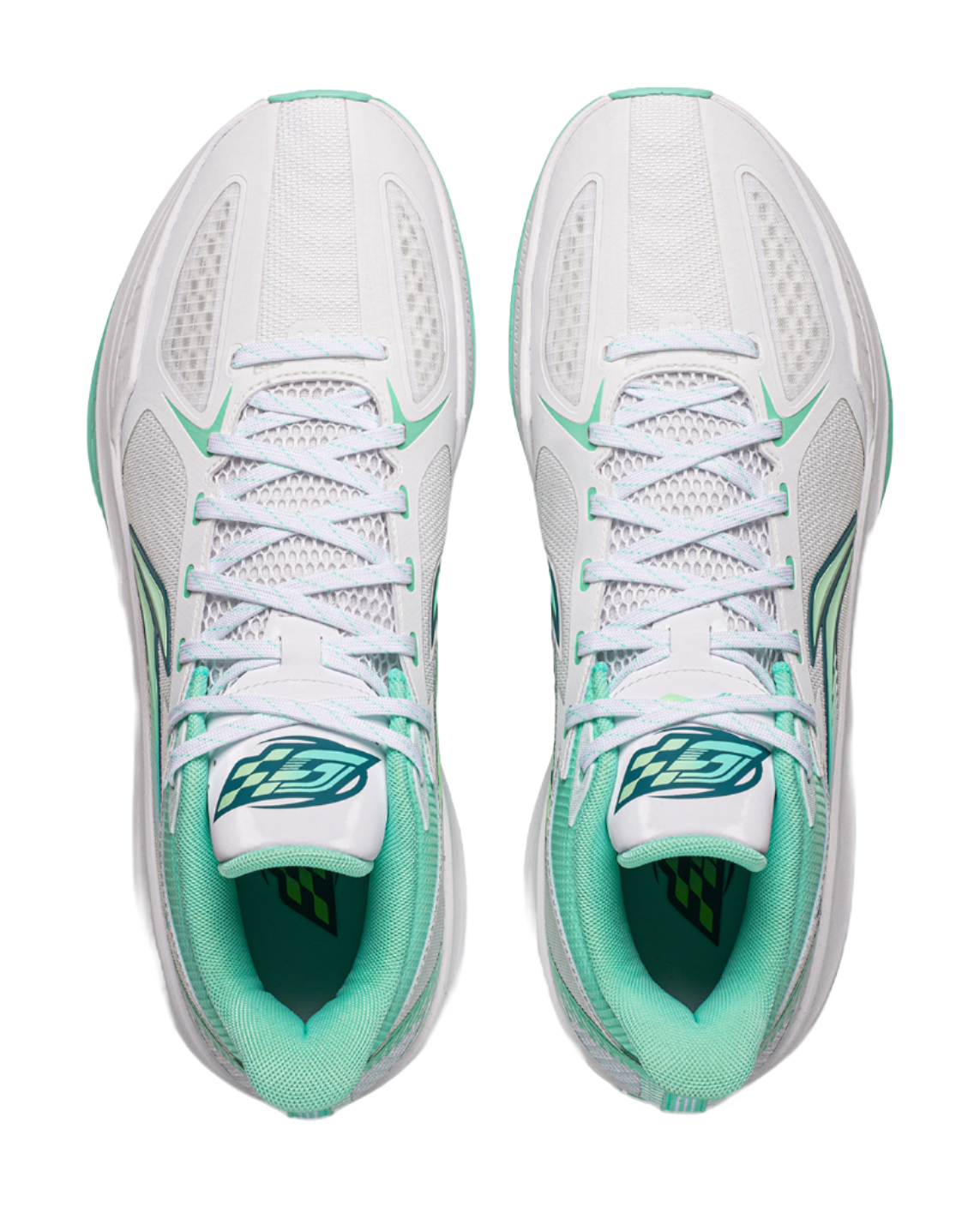 Pair of low-top basketball shoes, white with ice cyan lining and lace-up closure