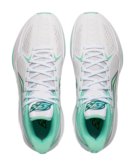 Pair of low-top basketball shoes, white with ice cyan lining and lace-up closure