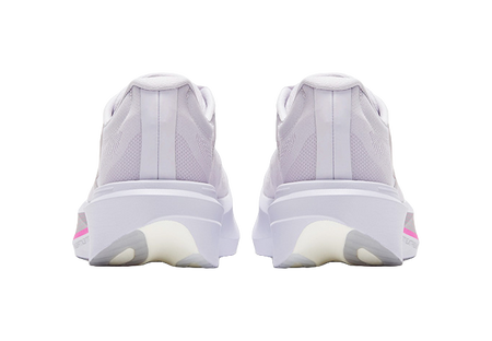 Back view of low running shoes with heel pull tabs and pink side stripe