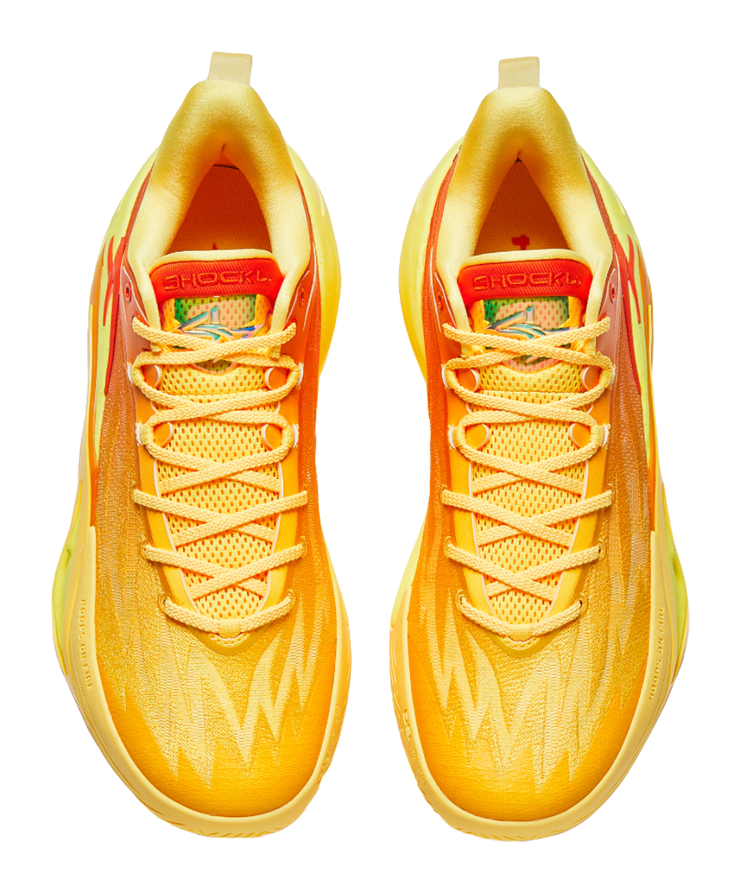 Pair of yellow and orange basketball shoes with mesh laces and padded tongue with logo.
