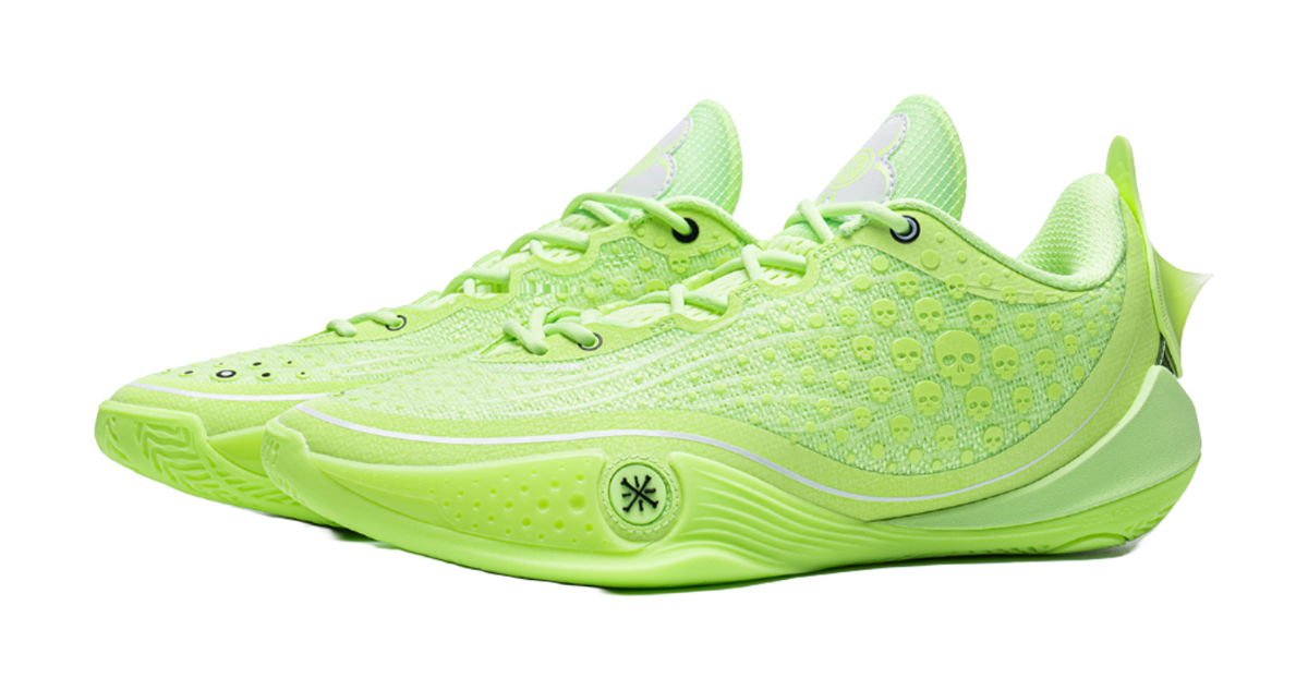 Fluorescent ice green low basketball shoe, angled front view with lace-up knit upper