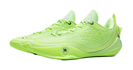 Fluorescent ice green low basketball shoe, angled front view with lace-up knit upper