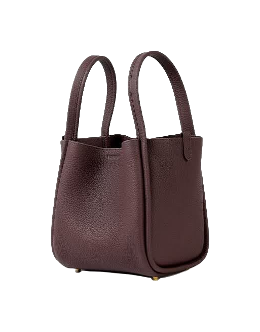 Medium leather basket bag with two top handles, dark burgundy brown color and open top