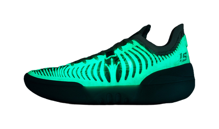Dark basketball shoe with neon-green glow upper, ribbed knit and lace closure