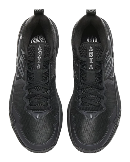 Black low-top basketball shoes, tongue and laces shown with logo patch