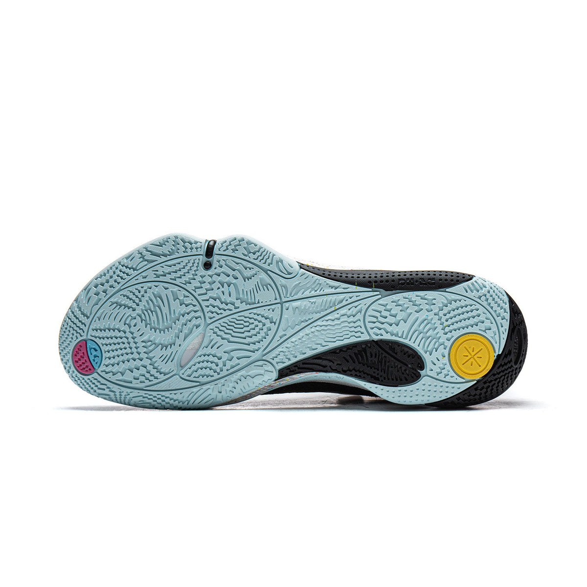 Light blue basketball shoe outsole with textured traction pattern and dark midfoot panel.