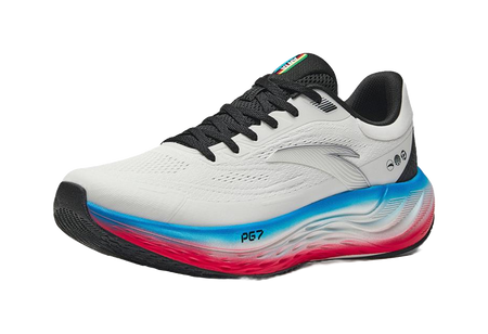 Men's low-top running shoes, white upper with black toe cap, blue/red midsole
