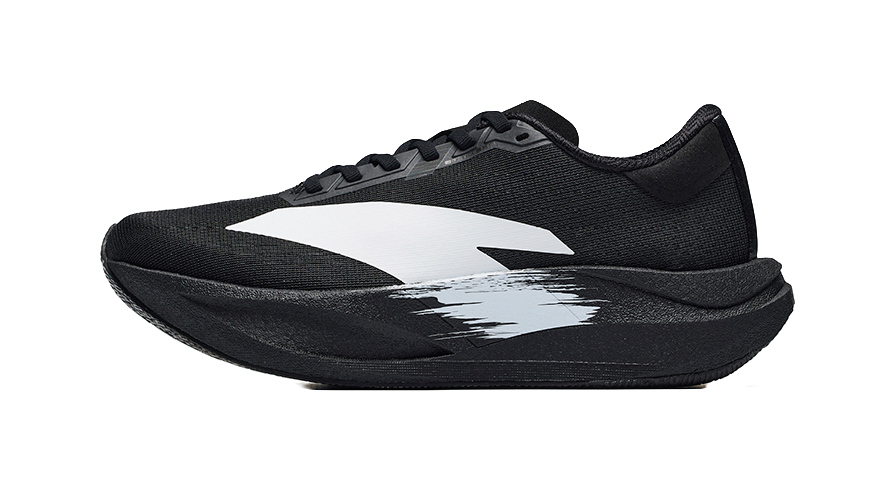 Women's low-top running shoes, black knit upper with white logo panels