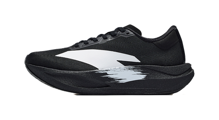 Women's low-top running shoes, black knit upper with white logo panels
