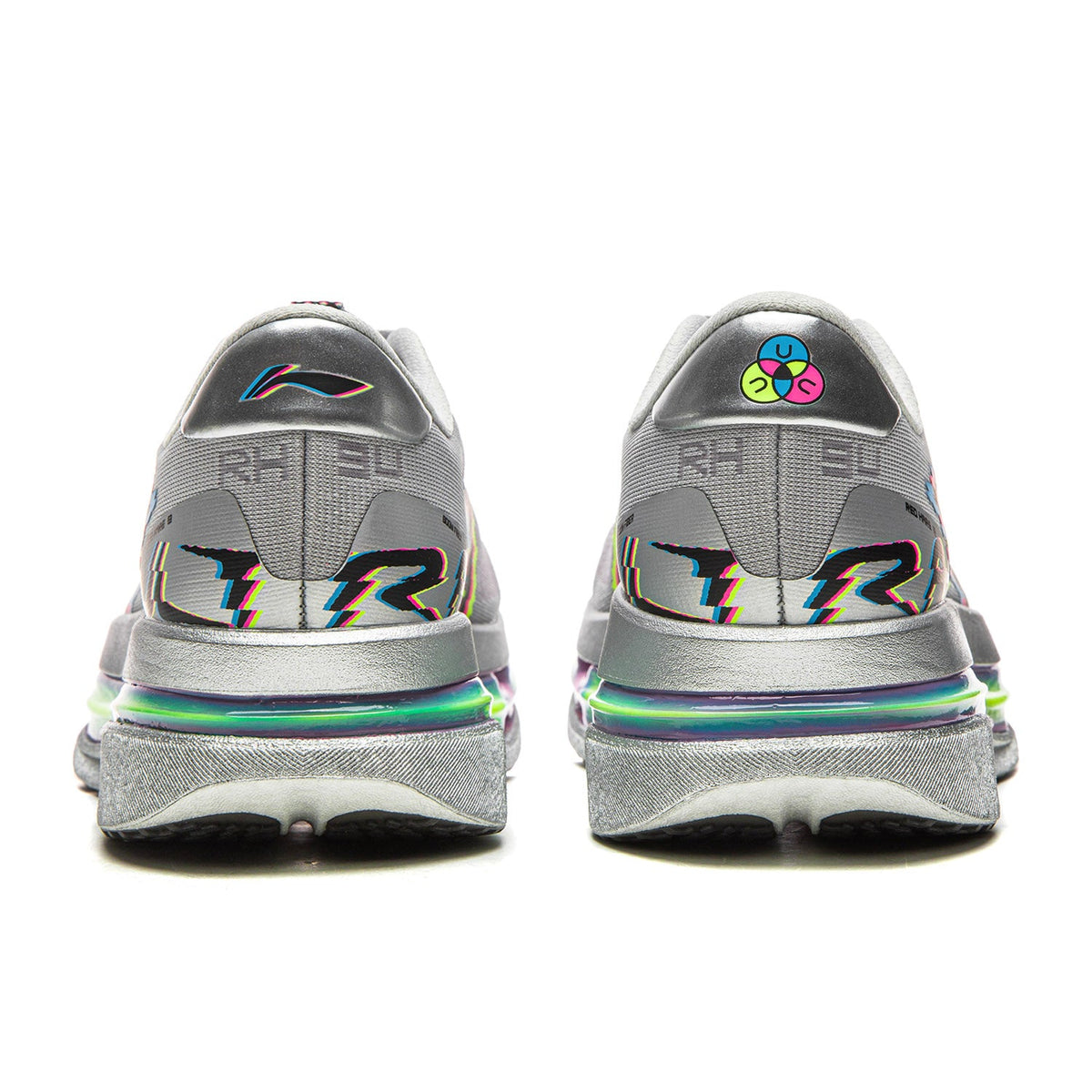 crystal gray running shoes with heel branding, multicolor accents, and rainbow midsole