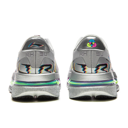 crystal gray running shoes with heel branding, multicolor accents, and rainbow midsole