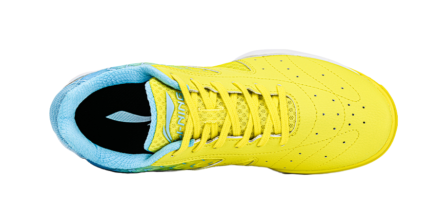 Yellow table tennis shoe with blue collar, visible laces and perforated upper
