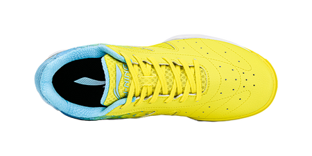 Yellow table tennis shoe with blue collar, visible laces and perforated upper