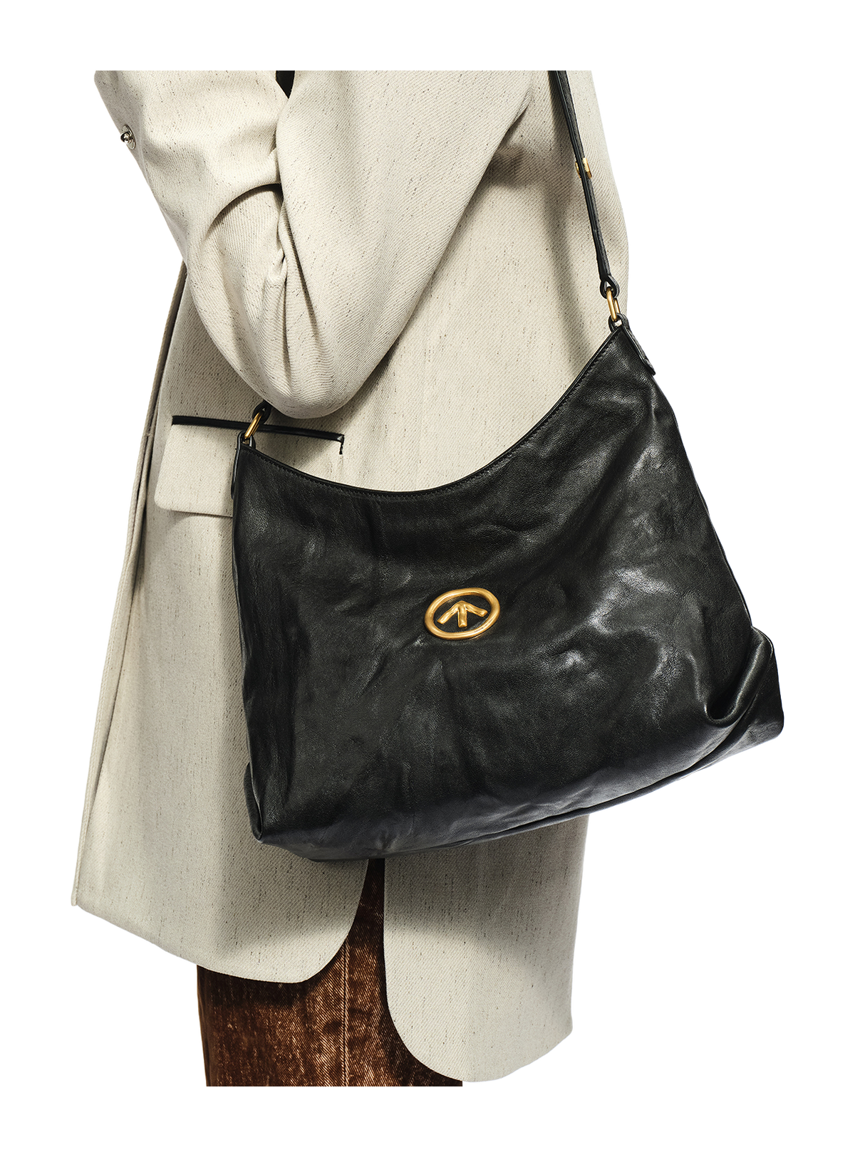 Black pleated sheepskin hobo bag with oval logo and adjustable crossbody strap
