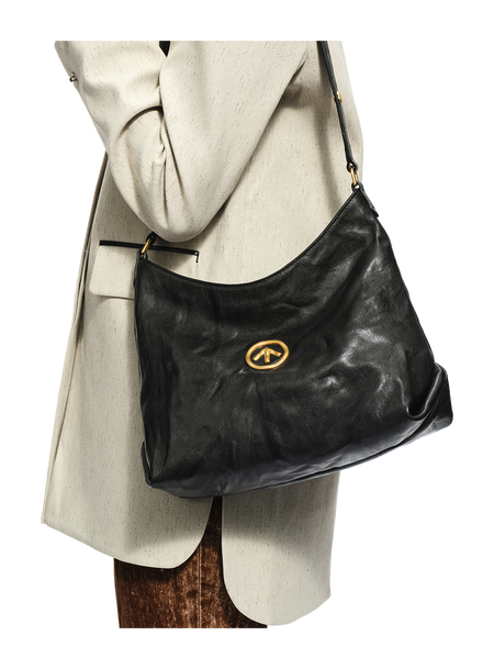 Black pleated sheepskin hobo bag with oval logo and adjustable crossbody strap