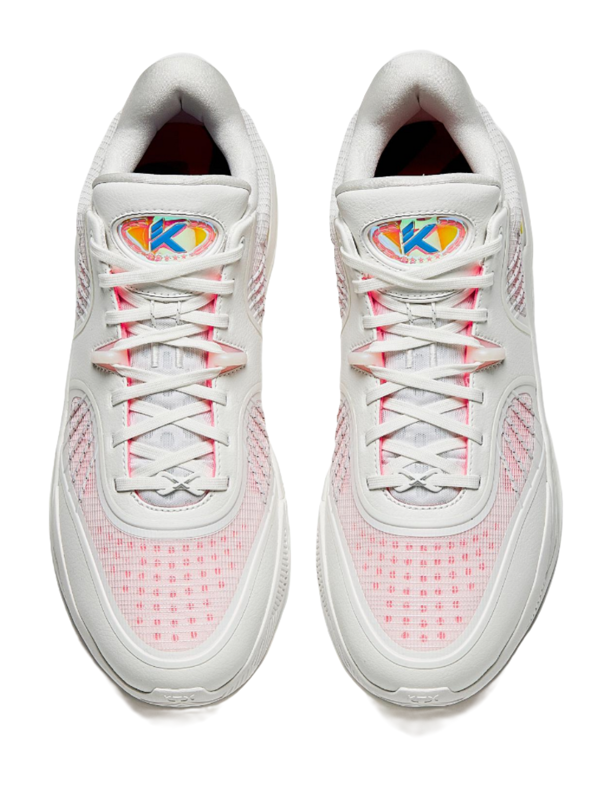 ANTA Klay Thompson sneakers, white laced uppers with pink-red graphic toe panel