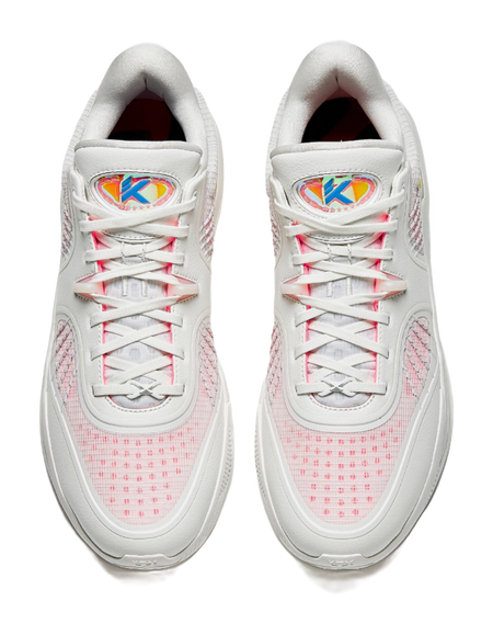 ANTA Klay Thompson sneakers, white laced uppers with pink-red graphic toe panel