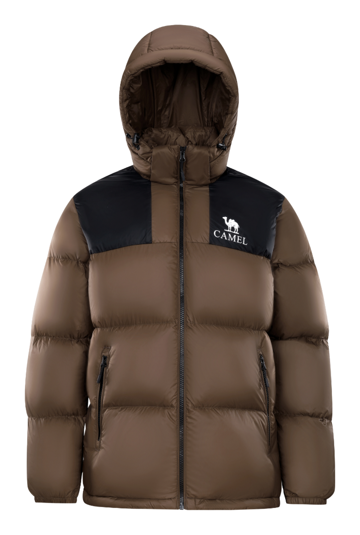 Unisex hooded puffer down jacket in brown with black chest panel and front zipper