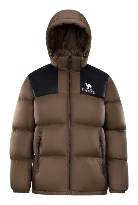 Unisex hooded puffer down jacket in brown with black chest panel and front zipper