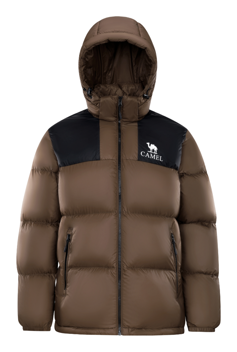 Unisex hooded puffer down jacket in brown with black chest panel and front zipper