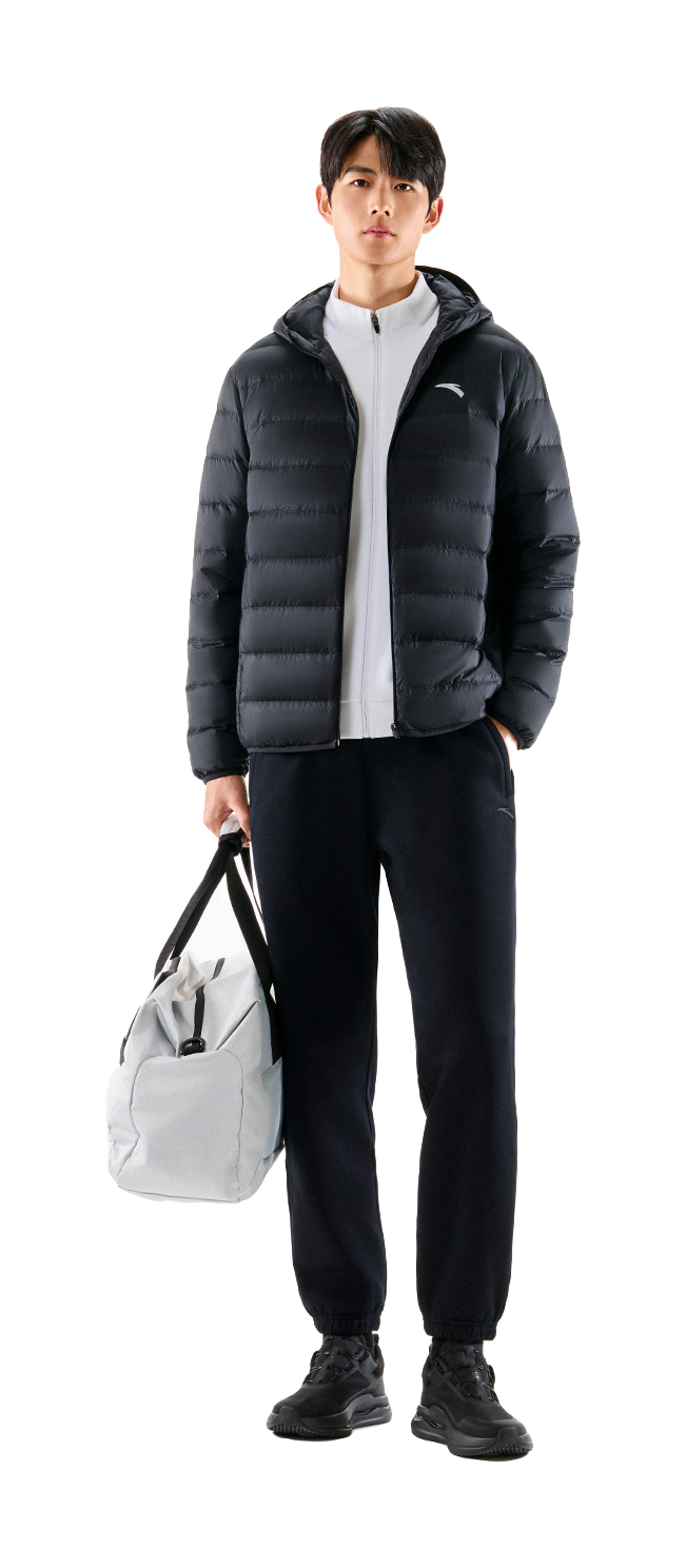 Black hooded puffer down jacket with zip-front and quilted hood