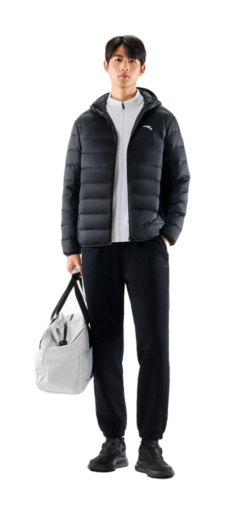 Black hooded puffer down jacket with zip-front and quilted hood