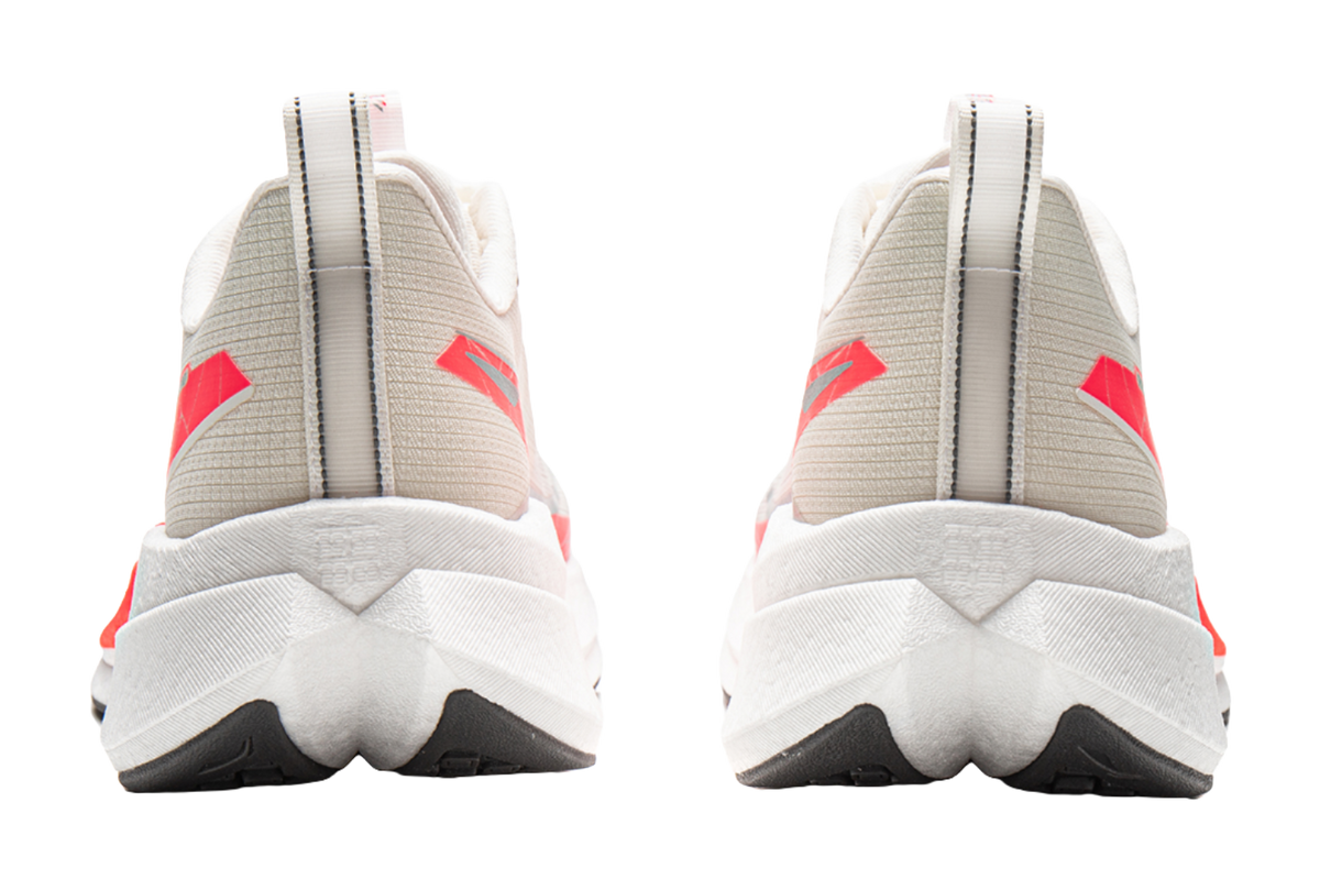Li-Ning running shoe heel view, white upper with red logo, padded collar and midsole