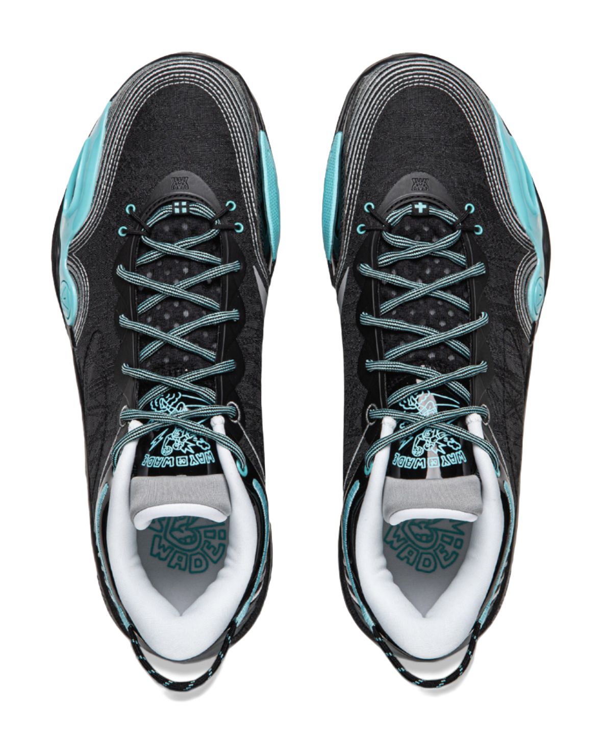 Black basketball shoes with teal laces, white tongue lining, and light outsole tread