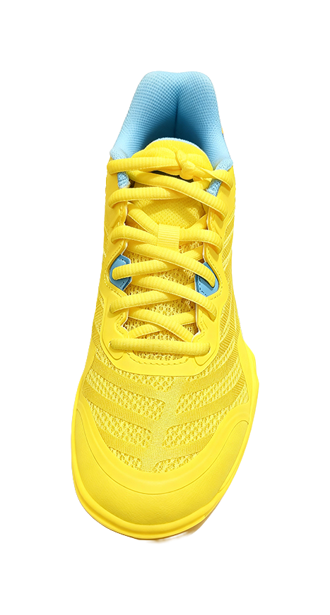 Yellow lace-up table tennis shoe with blue tongue and collar