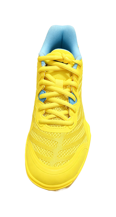 Yellow lace-up table tennis shoe with blue tongue and collar
