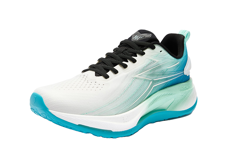 Men's low-top running shoes, white knit upper with sea wave blue side stripes, black laces