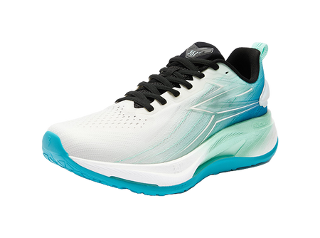 Men's low-top running shoes, white knit upper with sea wave blue side stripes, black laces