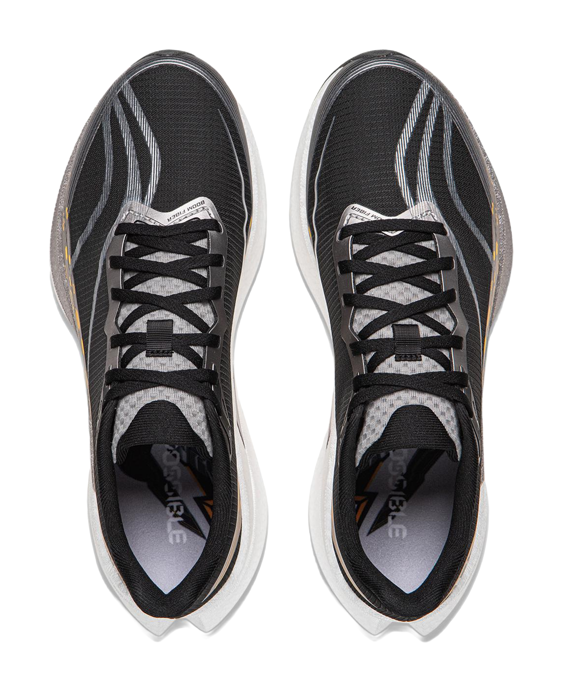 Pair of black lace-up running shoes with gray lining and patterned tongue.