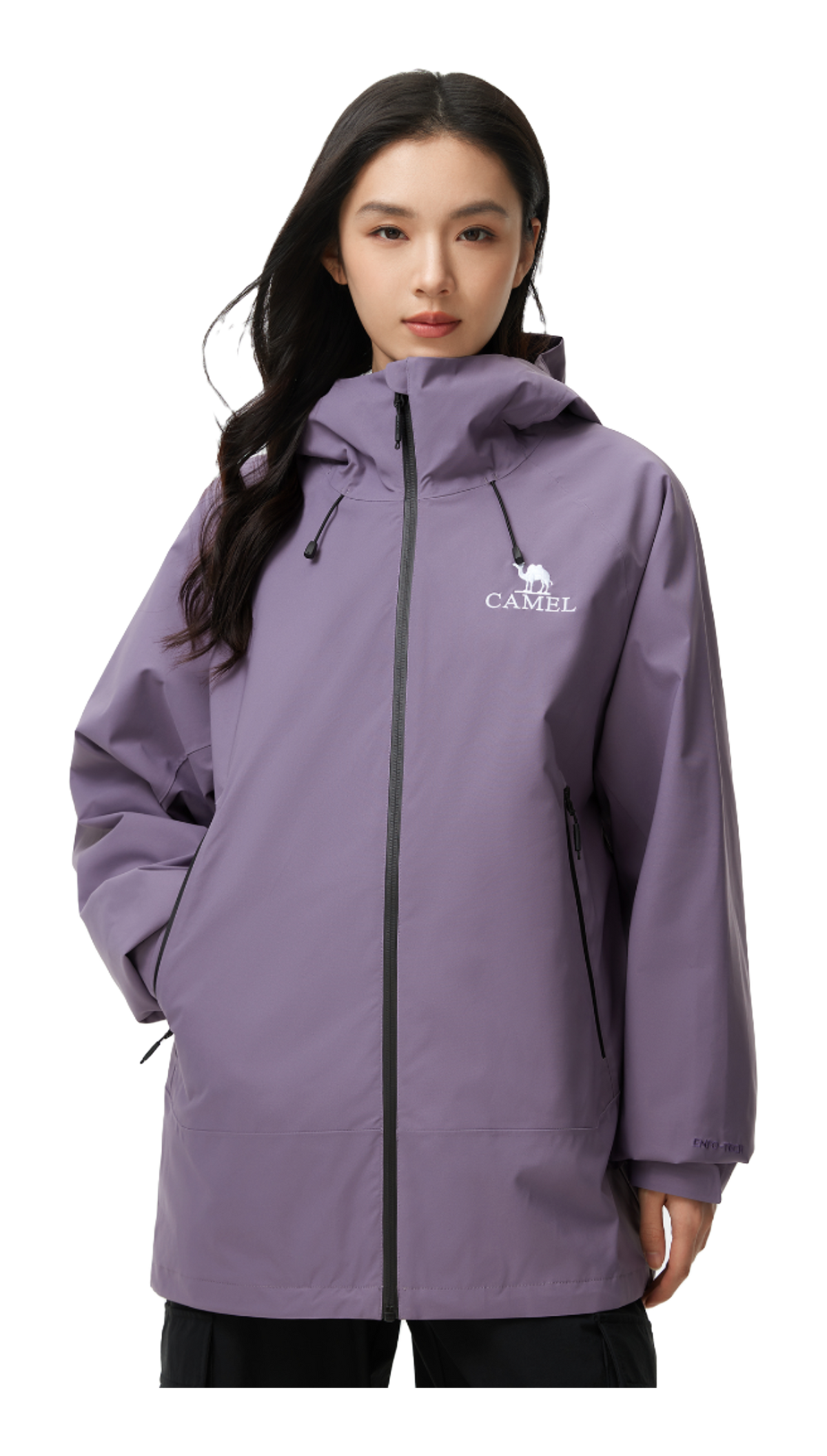Lavender unisex windbreaker jacket with hood, full zip, and CAMEL chest logo