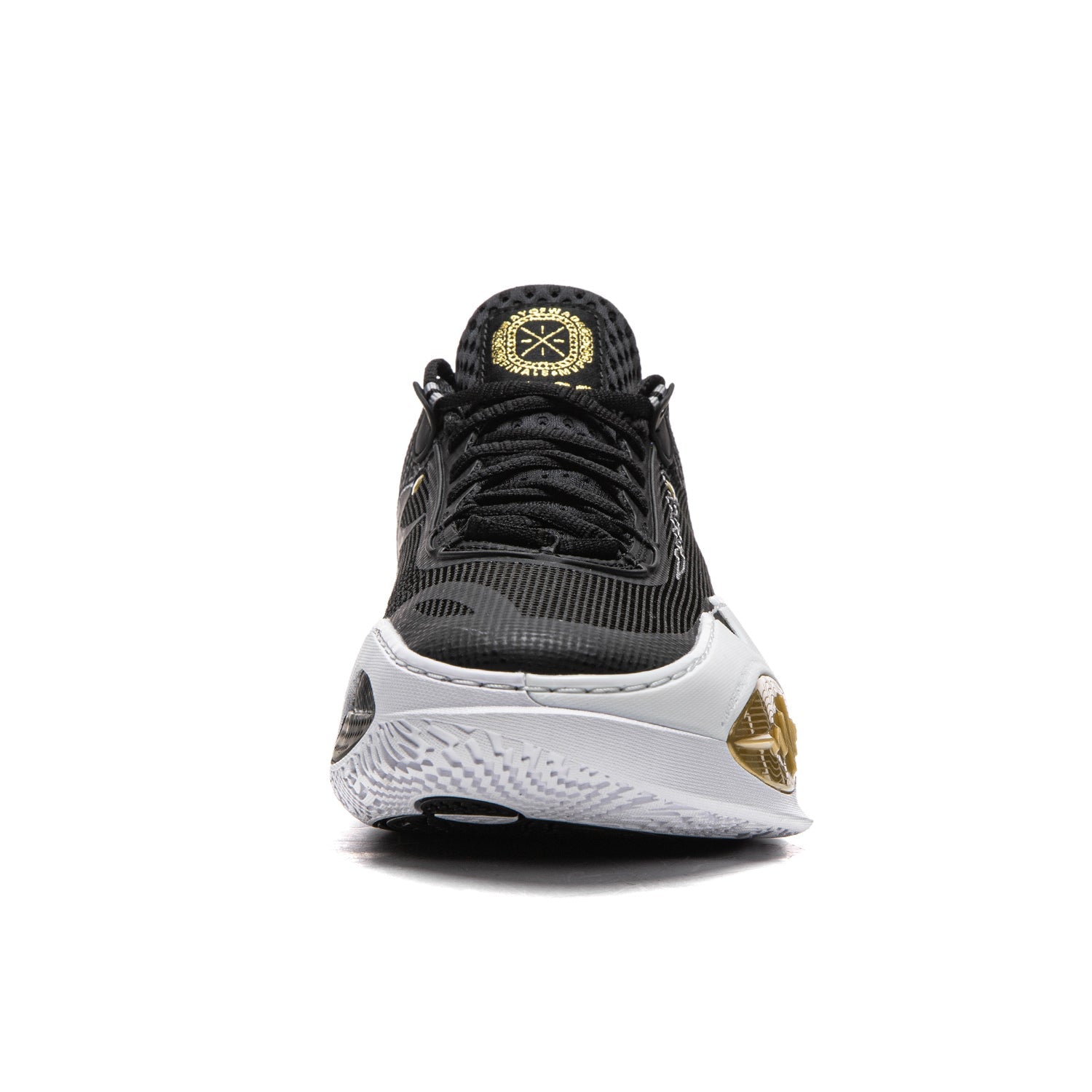 Men's black and white basketball shoe with gold heel detail and lace-up front