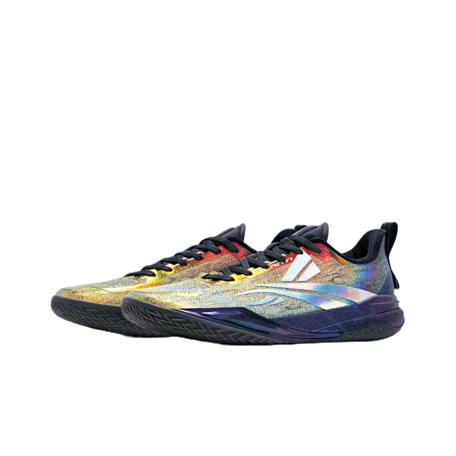 Basketball shoe side profile with multicolor knit upper and purple outsole trim.