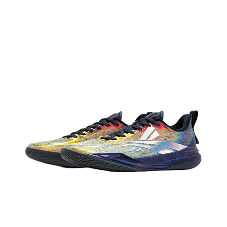Basketball shoe side profile with multicolor knit upper and purple outsole trim.