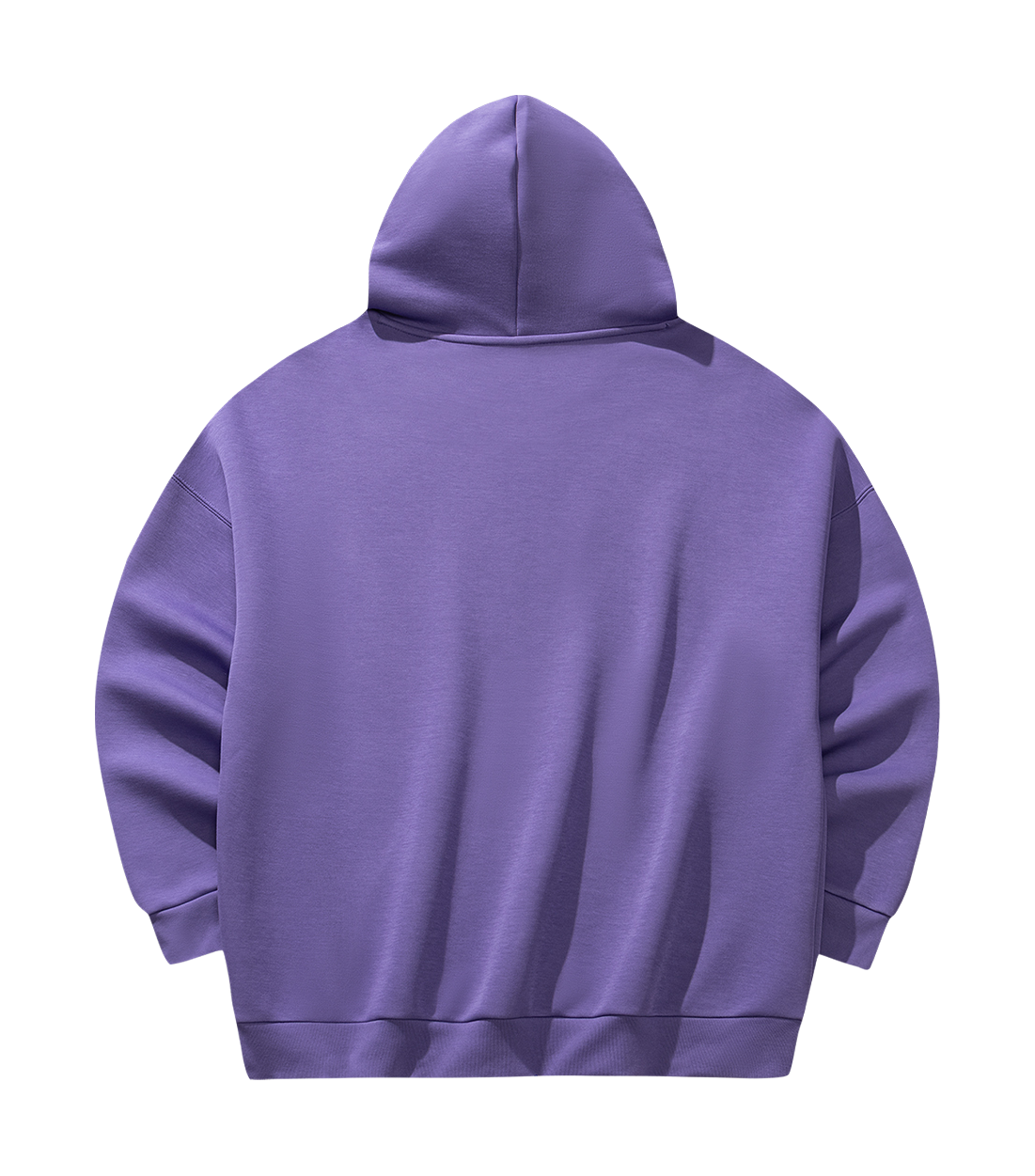Purple unisex pullover hoodie sweatshirt, back view with drawstring hood and kangaroo pocket