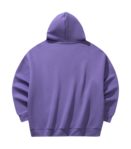 Purple unisex pullover hoodie sweatshirt, back view with drawstring hood and kangaroo pocket