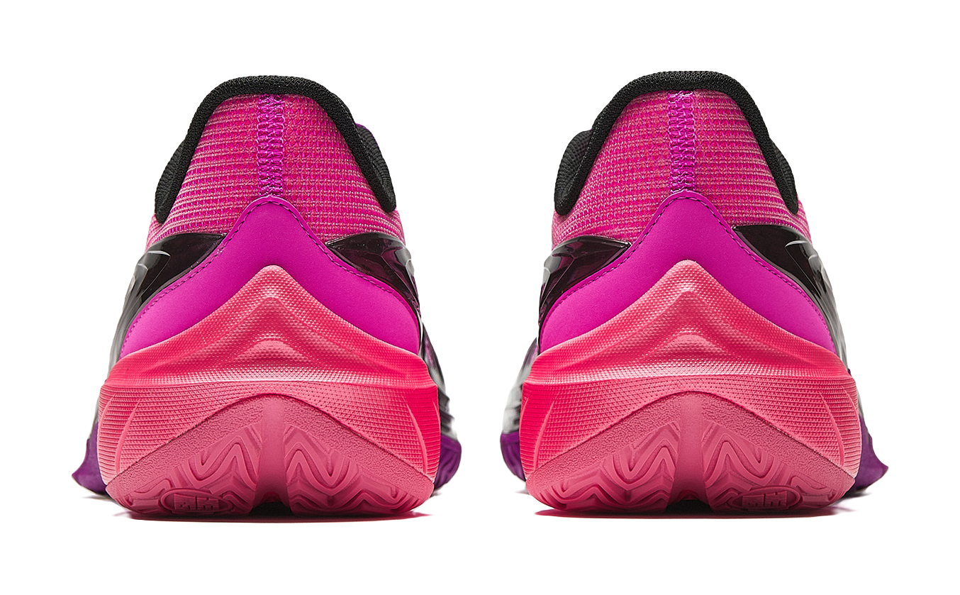 Low-top basketball shoes, heel and outsole view; fluorescent rose with black collar.